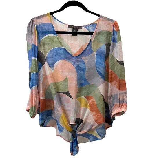 Olivia & Martin Top Womens Size M Tie Front V-Neck Blouse Multicolor 3/4 Sleeves - Picture 1 of 9